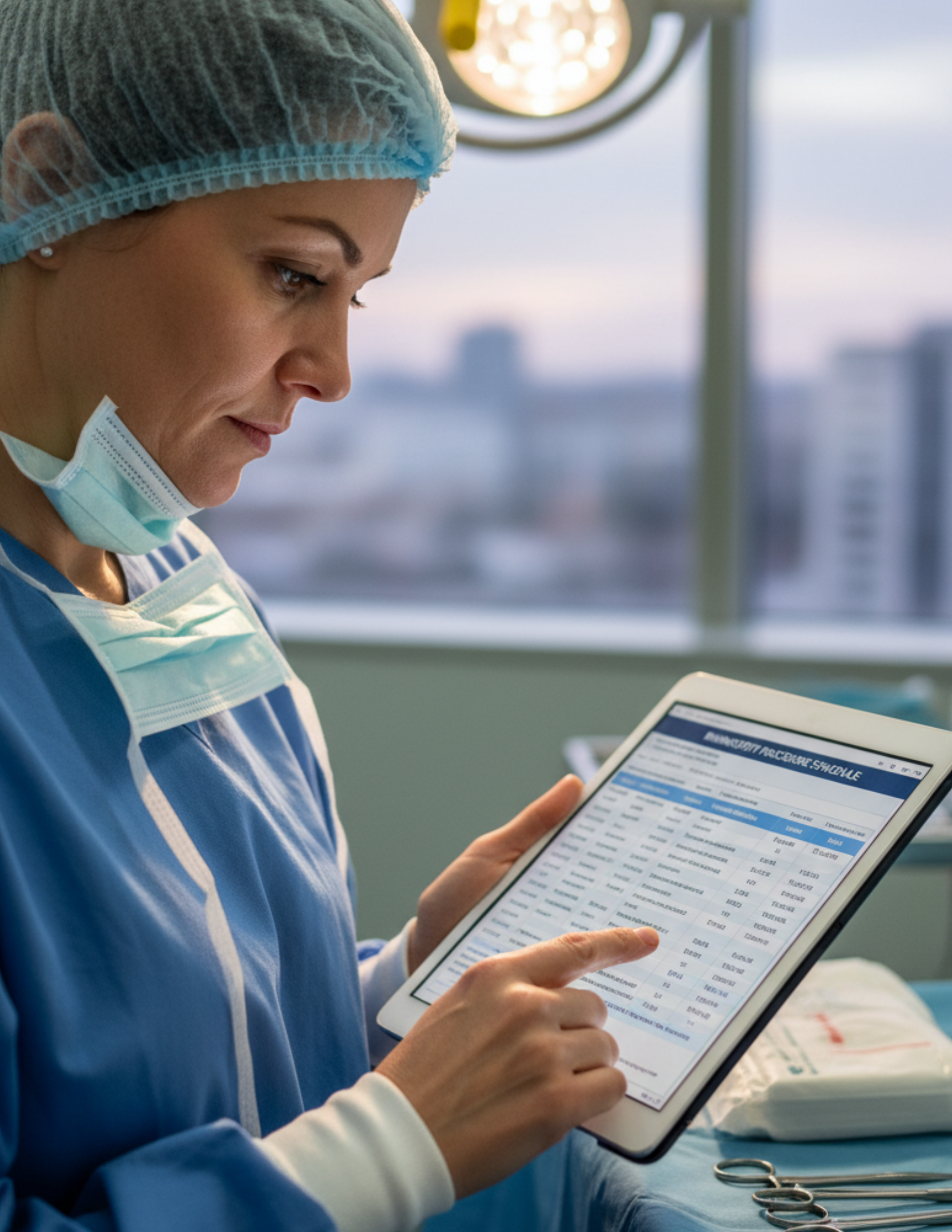 A surgeon using the RhiLog app on a tablet in an operating room